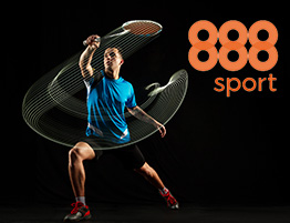 Das Logo von 888sport und ein Badminton Spieler.