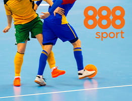 Das Logo von 888 Sport und eine Futsal Szene.