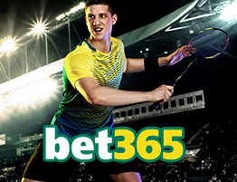 Das Logo von bet365 und ein Badminton Spieler in einem Stadion.