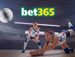 Das Logo von bet365 und eine Volleyball Szene.