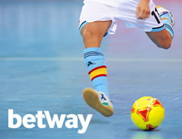 Das Logo von Betway und eine Futsal Szene.