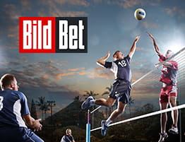 Das Logo von BildBet und eine Volleyball Szene.