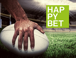 Das Logo von Happybet und eine Hand mit einem Rugby.