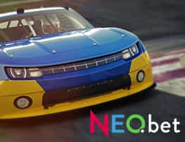Das Logo von Neobet and a NASCAR scene.