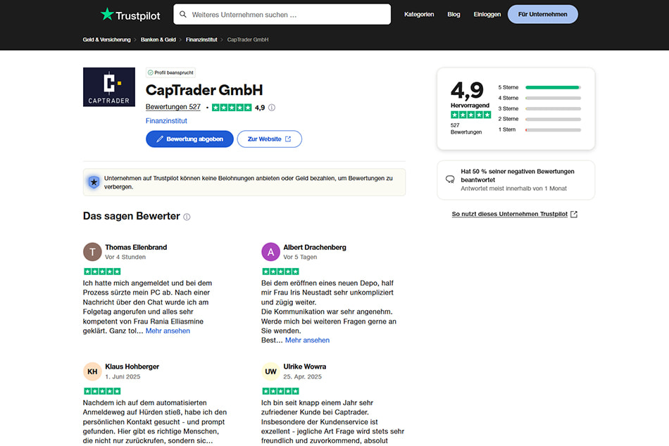 Trustpilot Übersicht von CapTrader.