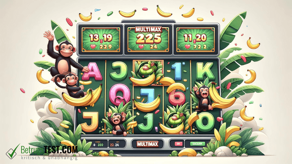 Bunter Online Slot mit Affen und Bananen - Erstellt mit AI durch Betrugstest Prompt.