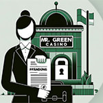 Eine Frau mit einem Pfändungsbescheid vor dem Mr Green Casino - Erstellt mit AI durch Betrugstest Prompt.