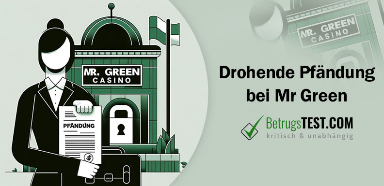 Eine Frau mit einem Pfändungsbescheid vor dem Mr Green Casino - Erstellt mit AI durch Betrugstest Prompt.