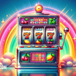 Retro Spielautomat vor einem Regenbogen - Erstellt mit AI durch Betrugstest Prompt.