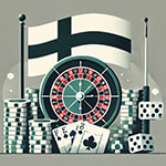 Roulette-Kessel, Spielchips und Spielkarten vor einer finnischen Flagge - Erstellt mit AI durch Betrugstest Prompt.