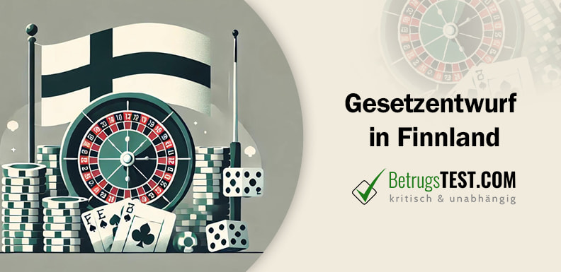 Roulette-Kessel, Spielchips und Spielkarten vor einer finnischen Flagge - Erstellt mit AI durch Betrugstest Prompt.