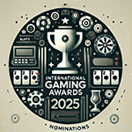 Minimalistische Illustration für die Nominierungen der International Gaming Awards 2025, mit einer stilisierten Gaming-Trophäe - Erstellt mit AI durch Betrugstest Prompt.