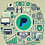 Minimalistische Illustration der Geschichte von PayPal mit dem PayPal-Logo in der Mitte, umgeben von Symbolen für wichtige Meilensteine - Erstellt mit AI durch Betrugstest Prompt.