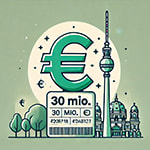 Illustration zur Feier eines Lotto-Jackpot-Gewinners in Berlin, mit einem großen Euro-Symbol und der Zahl '30 Mio.' - Erstellt mit AI durch Betrugstest Prompt.