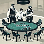 Illustration eines Pokertisches in einem Casino, an dem ein Mann von Polizisten verhaftet wird - Erstellt mit AI durch Betrugstest Prompt.