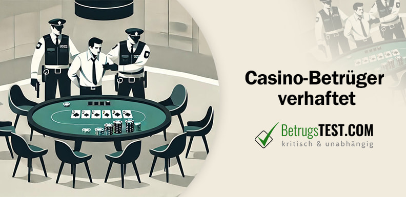 Illustration eines Pokertisches in einem Casino, an dem ein Mann von Polizisten verhaftet wird - Erstellt mit AI durch Betrugstest Prompt.