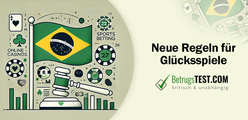 Zu sehen sind die stilisierte brasilianische Flagge, ein Richterhammer und Symbole für Online-Casinos und Sportwetten - Erstellt mit AI durch Betrugstest Prompt.