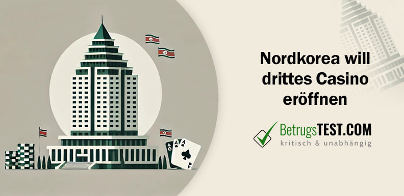 Darstllung eines Casinogebäudes mit Flaggen von Nordkorea - Erstellt mit AI durch Betrugstest Prompt.