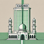 Casinogebäude hinter einem orientalisch anmutenden Bauwerk - Erstellt mit AI durch Betrugstest Prompt.