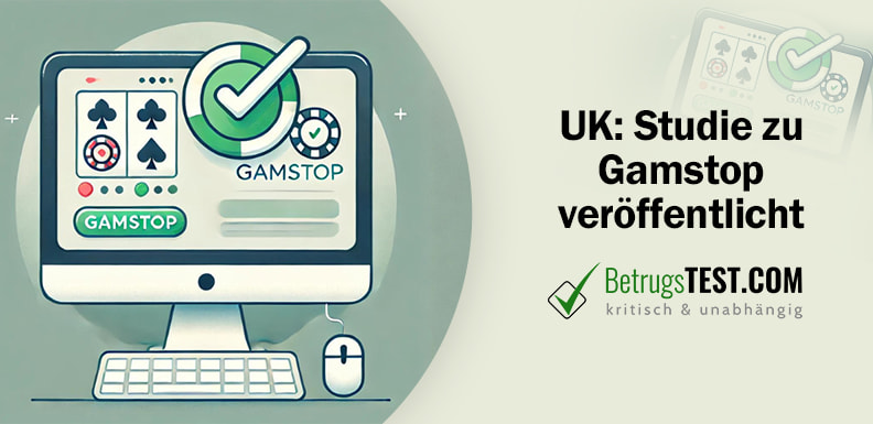 Computermonitor mit Glücksspielelementen und dem Schriftzug "Gamstop" - Erstellt mit AI durch Betrugstest Prompt.