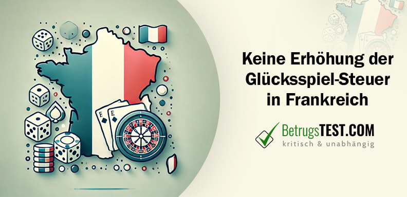 Illustration der Glücksspielbranche in Frankreich mit Symbolen wie Würfeln, Spielkarten und einem Roulette-Rad, zusammen mit der Umrissform von Frankreich im Hintergrund. - Erstellt mit AI durch Betrugstest Prompt.