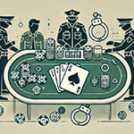 Ein minimalistisches Bild zeigt verstreute Pokerchips und Spielkarten auf einem Tisch, um den Polizisten stehen. - Erstellt mit AI durch Betrugstest Prompt.