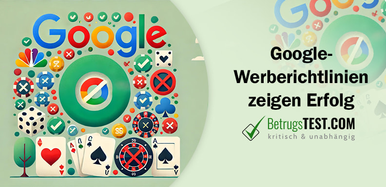 Google Logo mit durchgestrichenem Chrome Logo und Glücksspielelementen - Erstellt mit AI durch Betrugstest Prompt.