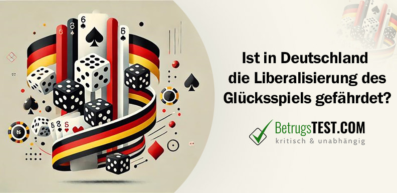 Würfel und Spielkaerten mit einem Banner in Deutschlandfarben - Erstellt mit AI durch Betrugstest Prompt.